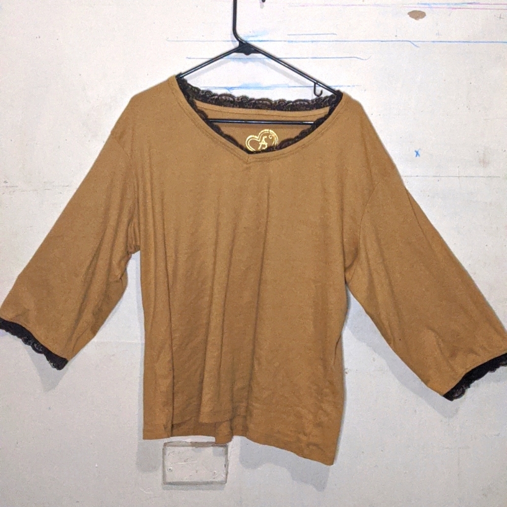 Ashley Stewart Stretch Carmel Tan Long Sleeve V neck Sweater with black lace